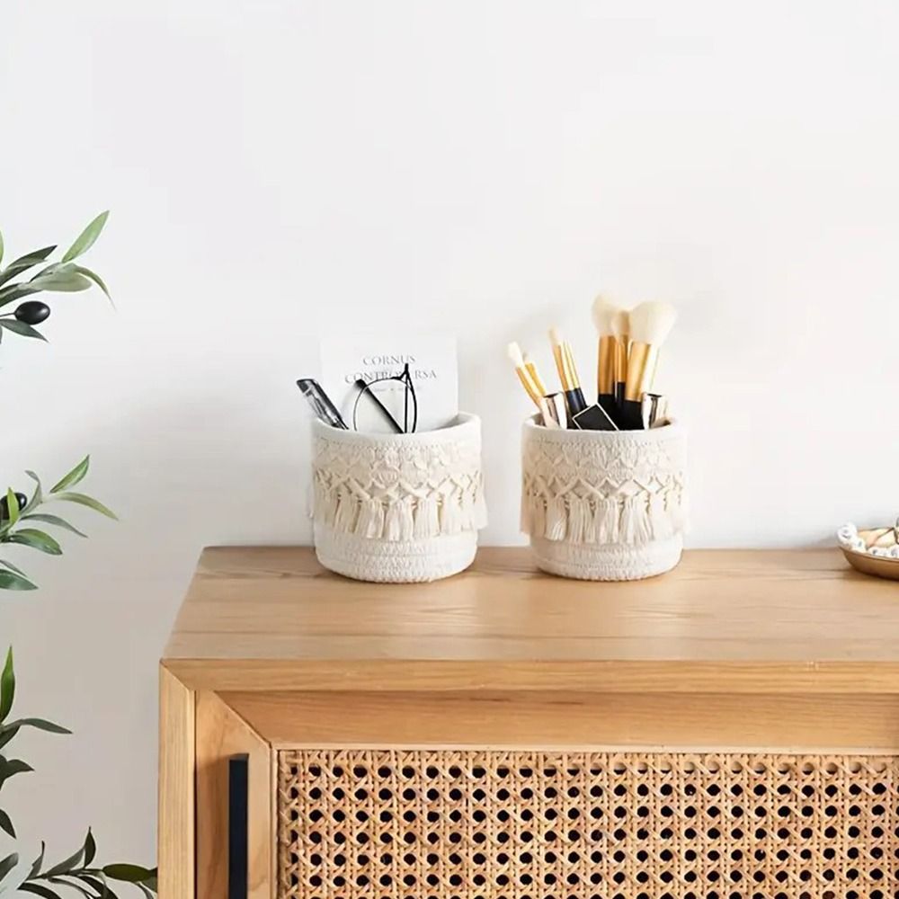Basket Bag Wicker - Keranjang Penyimpanan Meja Kerja Tassels Putih,